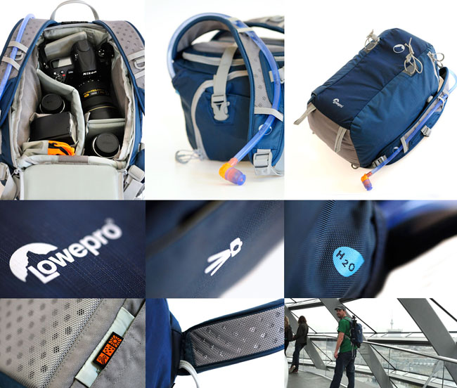 Lowepro camera bag features and quality images of materials and how the bag sits when worn