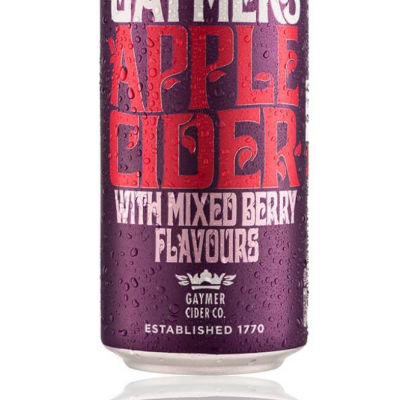 Purple can of Gaymers Apple Cider with Mixed berry flavors