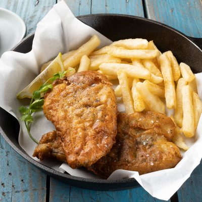 pan served dros fried fish and chips