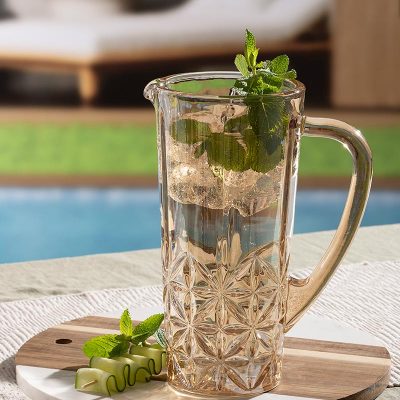 glassware water jug on patio table setting