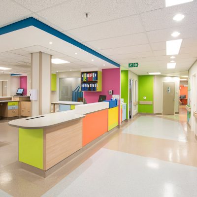 Brightly colored hospital reception area