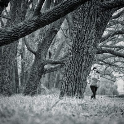 Running in Woods. Creative Black and White Action Photography by Professional Action Photographer Ben Bergh ZA
